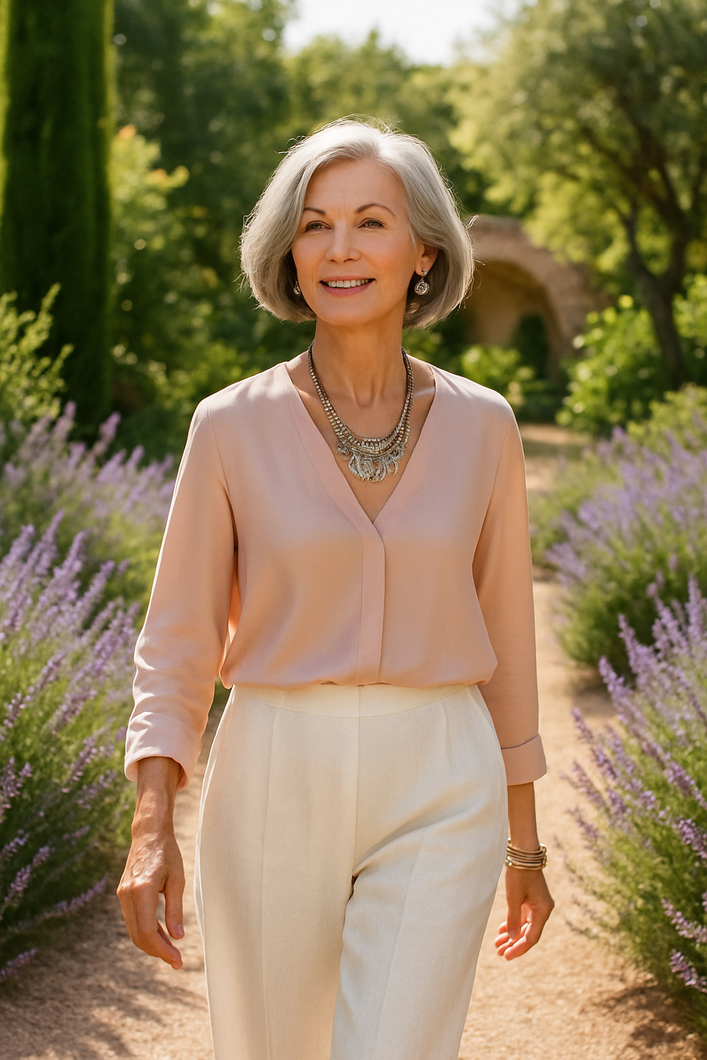 Elegant woman over 60 in peach blouse and cream wide-leg pants walking in lavender garden