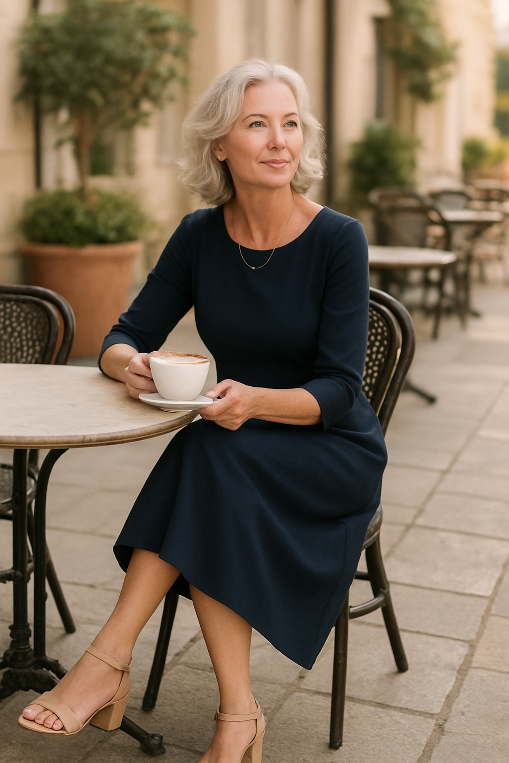 Stylish woman over 60 in navy midi dress sitting at outdoor café with coffee