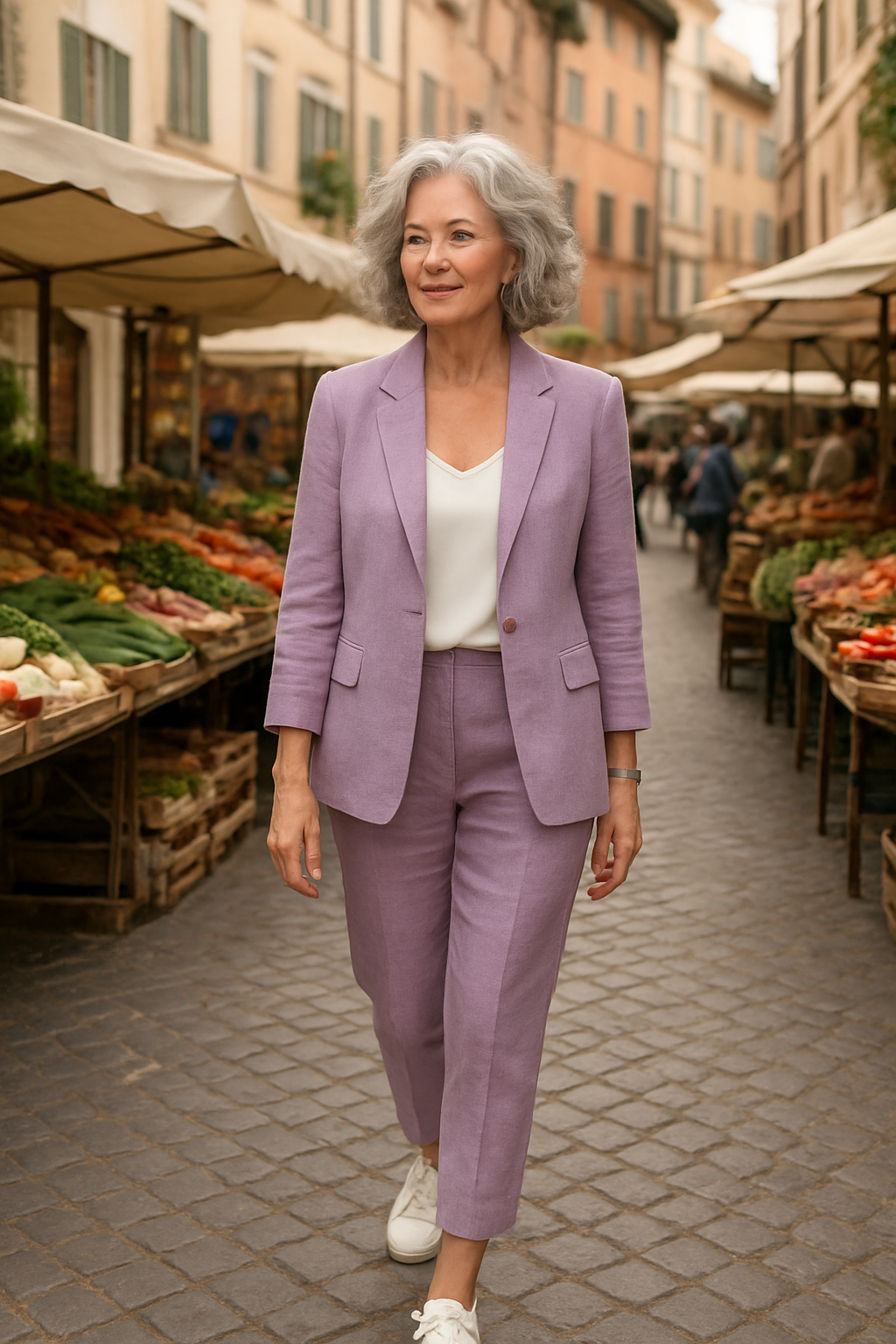 Woman over 60 in lavender linen suit with white sneakers at European market street