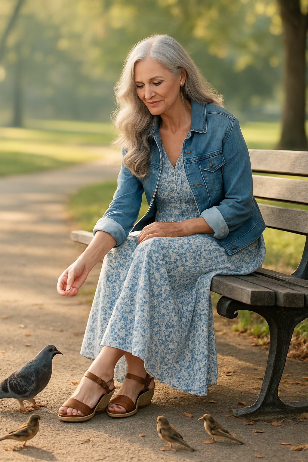 Woman over 60 in denim jacket and floral dress sitting on park bench feeding birds