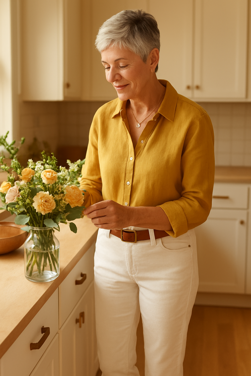 Woman over 60 in golden yellow blouse arranging flowers in bright kitchen