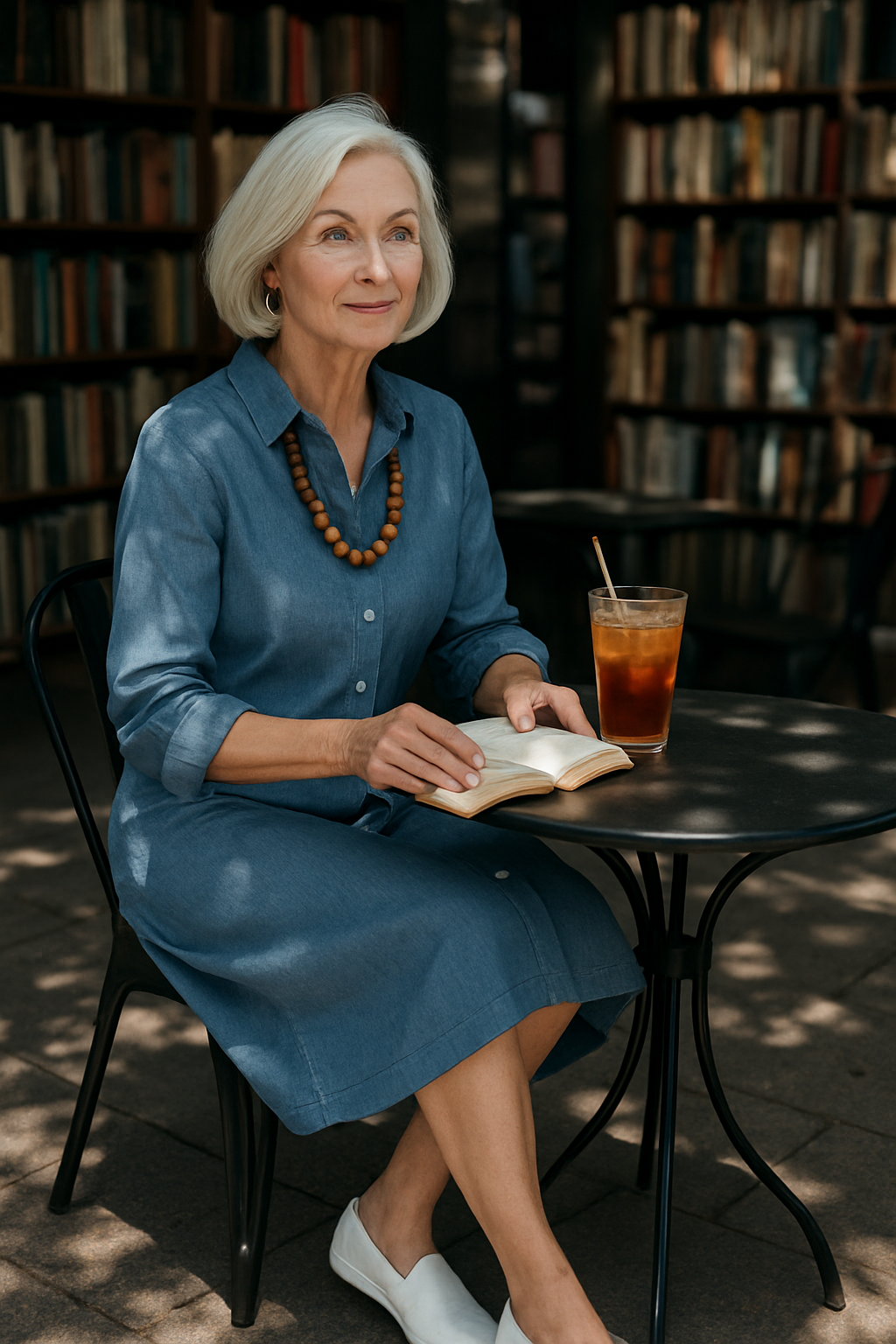 Woman over 60 in blue linen shirt dress reading book at outdoor library café