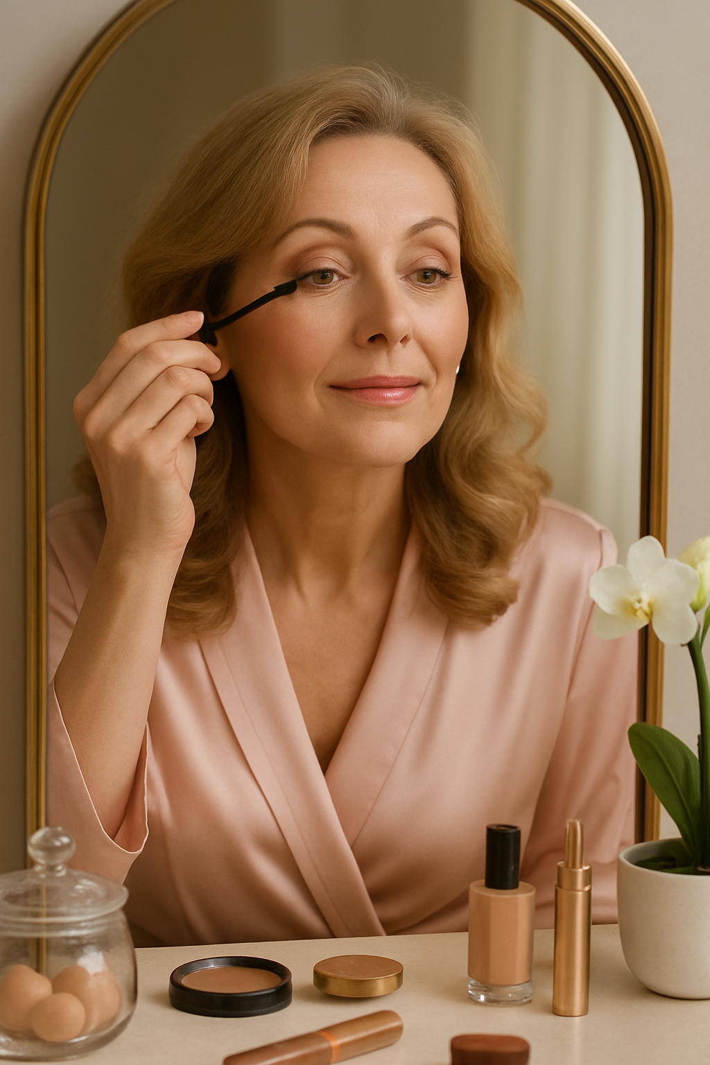 Makeup That Makes You Look Younger After 50: 10 Anti-Aging Secrets 6 Woman with shoulder-length blonde hair applying mascara in front of round gold mirror