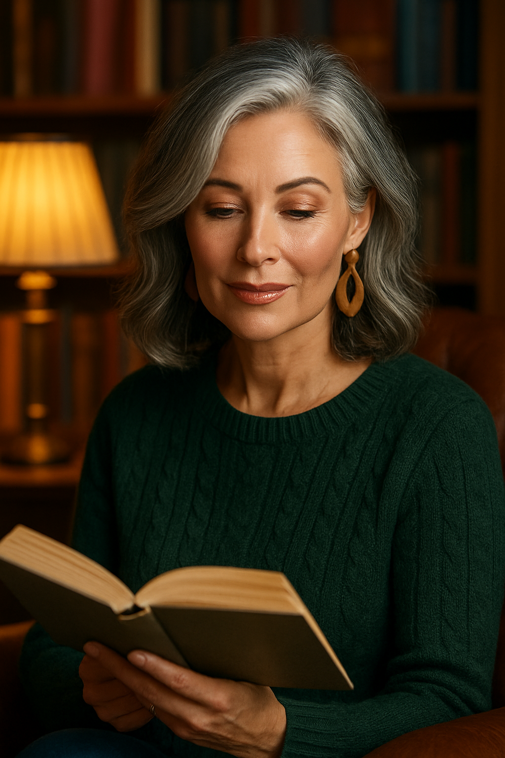 Makeup That Makes You Look Younger After 50: 10 Anti-Aging Secrets 8 Woman with gray wavy hair reading book in library setting with warm lighting