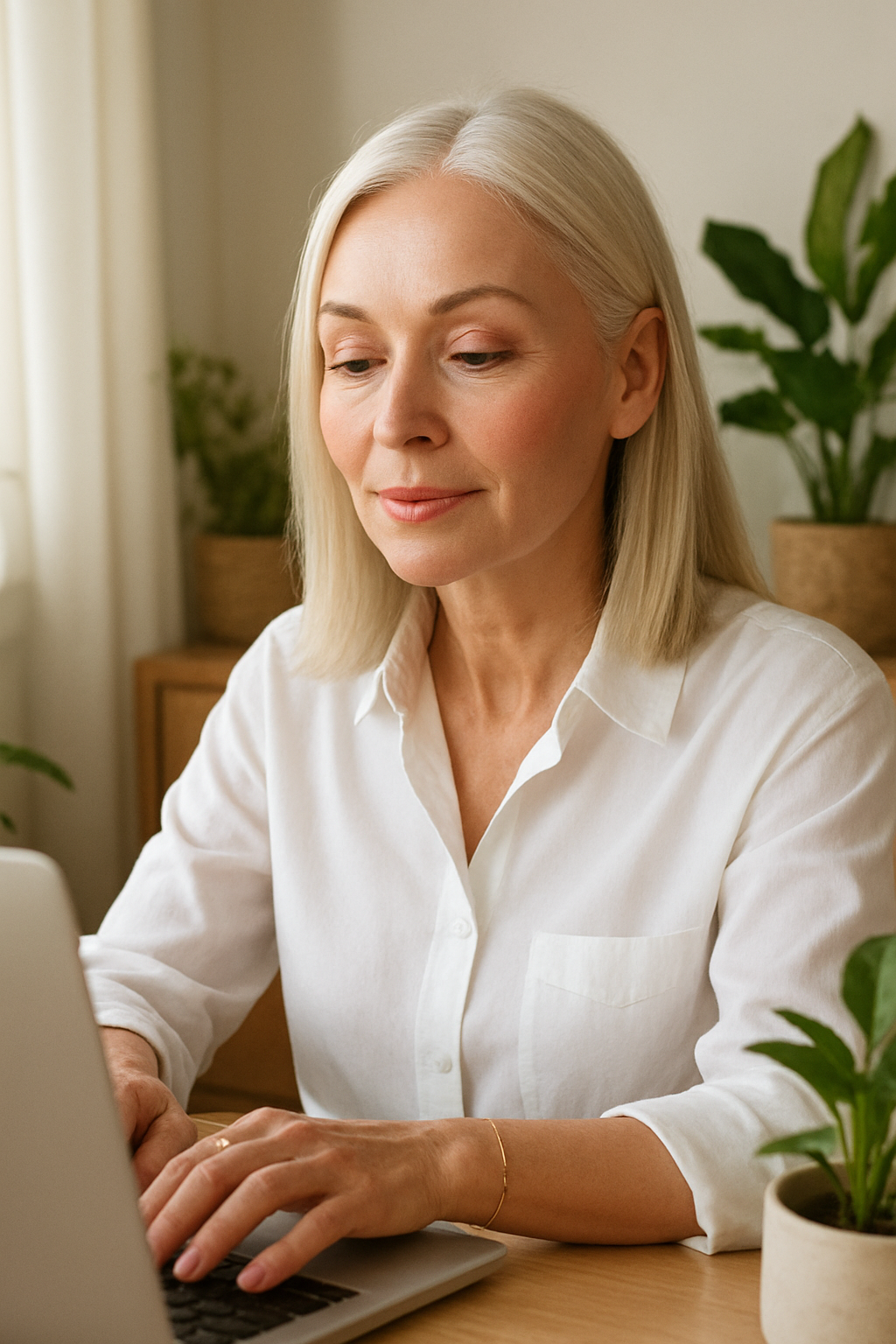 Makeup That Makes You Look Younger After 50: 10 Anti-Aging Secrets 9 Woman with blonde bob working on laptop in bright, plant-filled workspace