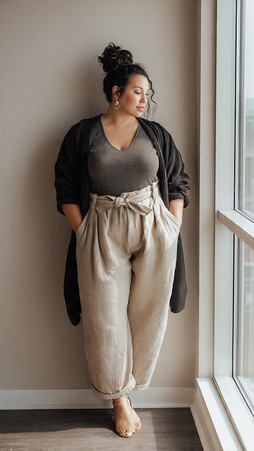 Outfit Big Belly: 8 Flattering Styles Every Woman Needs 5 Woman styling layered cardigan look with high-waisted pants