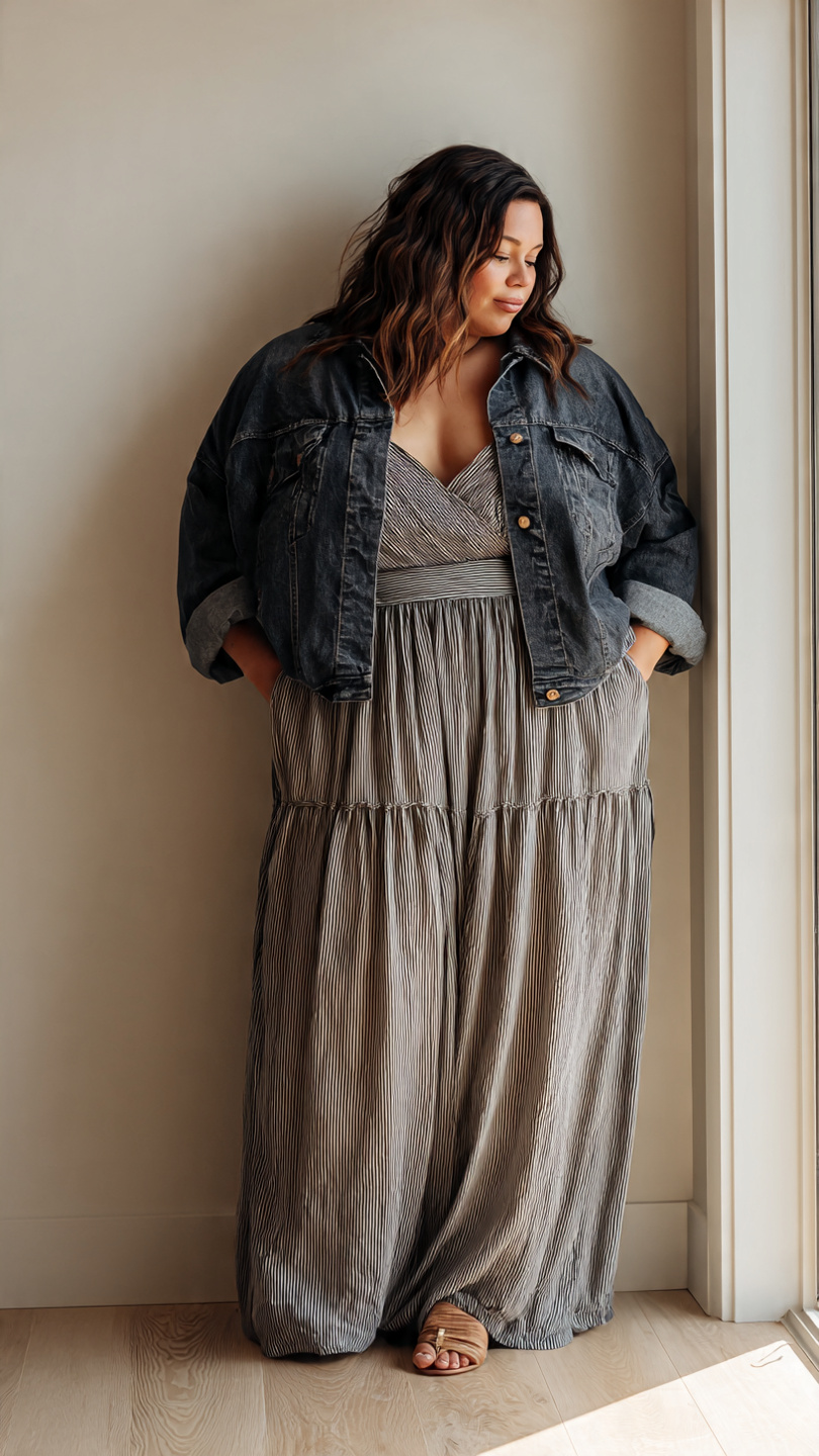 Outfit Big Belly: 8 Flattering Styles Every Woman Needs 1 Woman wearing striped wrap dress in neutral tones