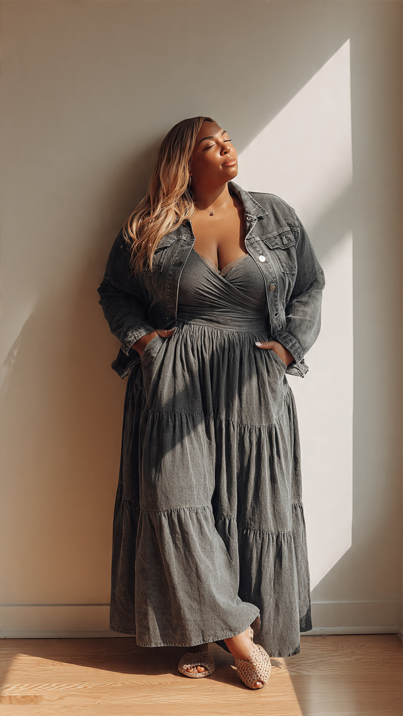 Outfit Big Belly: 8 Flattering Styles Every Woman Needs 2 Woman in flowing tiered dress with denim jacket against natural lighting