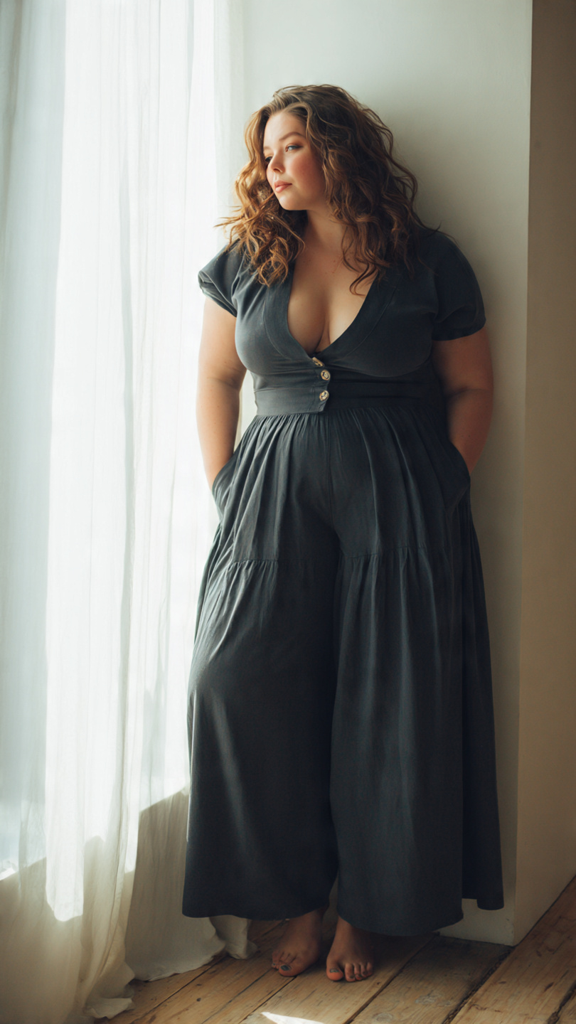 Outfit Big Belly: 8 Flattering Styles Every Woman Needs 3 Woman wearing button-front midi dress by window with natural light