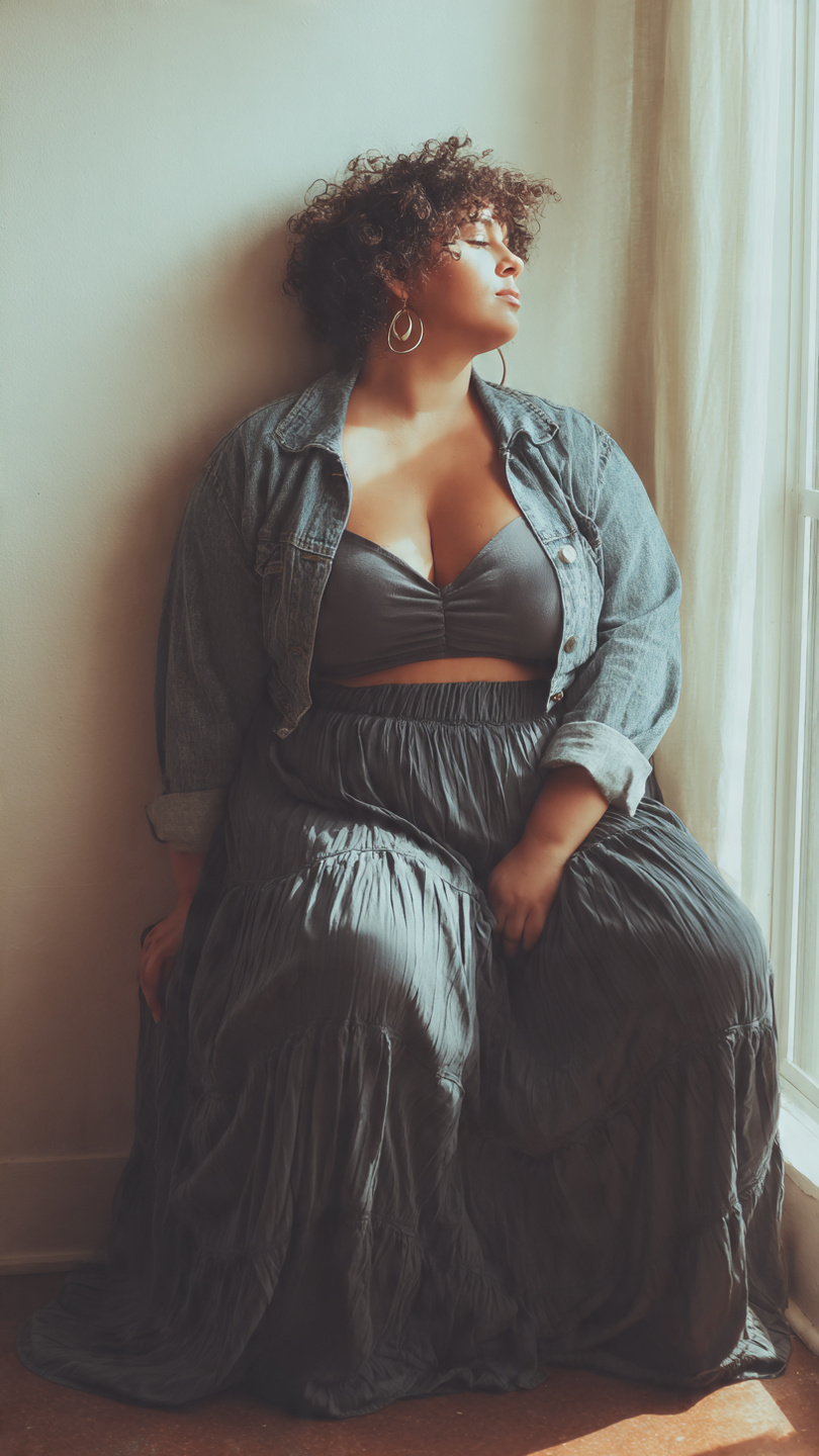 Outfit Big Belly: 8 Flattering Styles Every Woman Needs 4 Woman in two-piece outfit with fitted top and flowing high-waisted bottoms