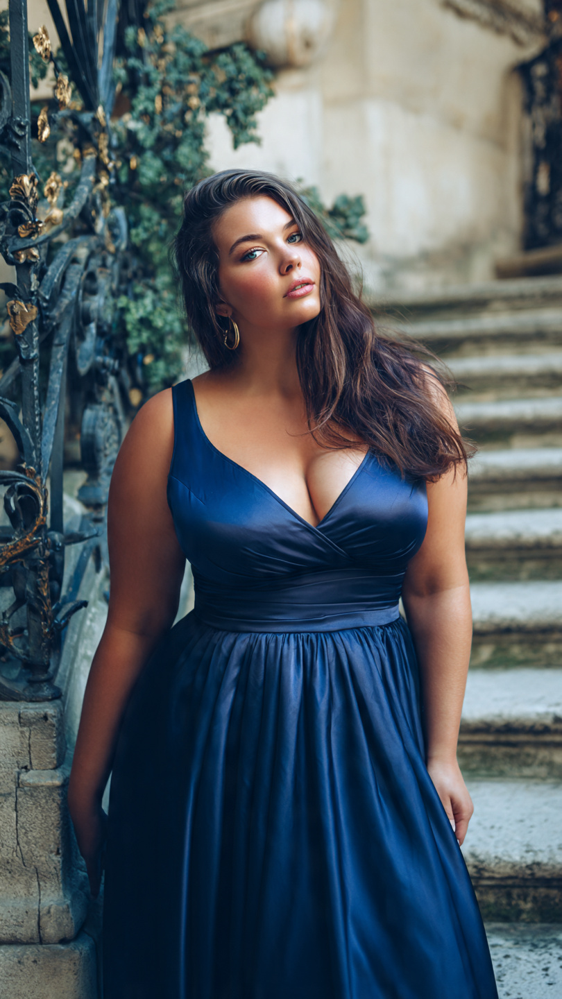 Outfit Big Belly: 8 Flattering Styles Every Woman Needs 6 Woman in navy empire waist dress posing by ornate railing