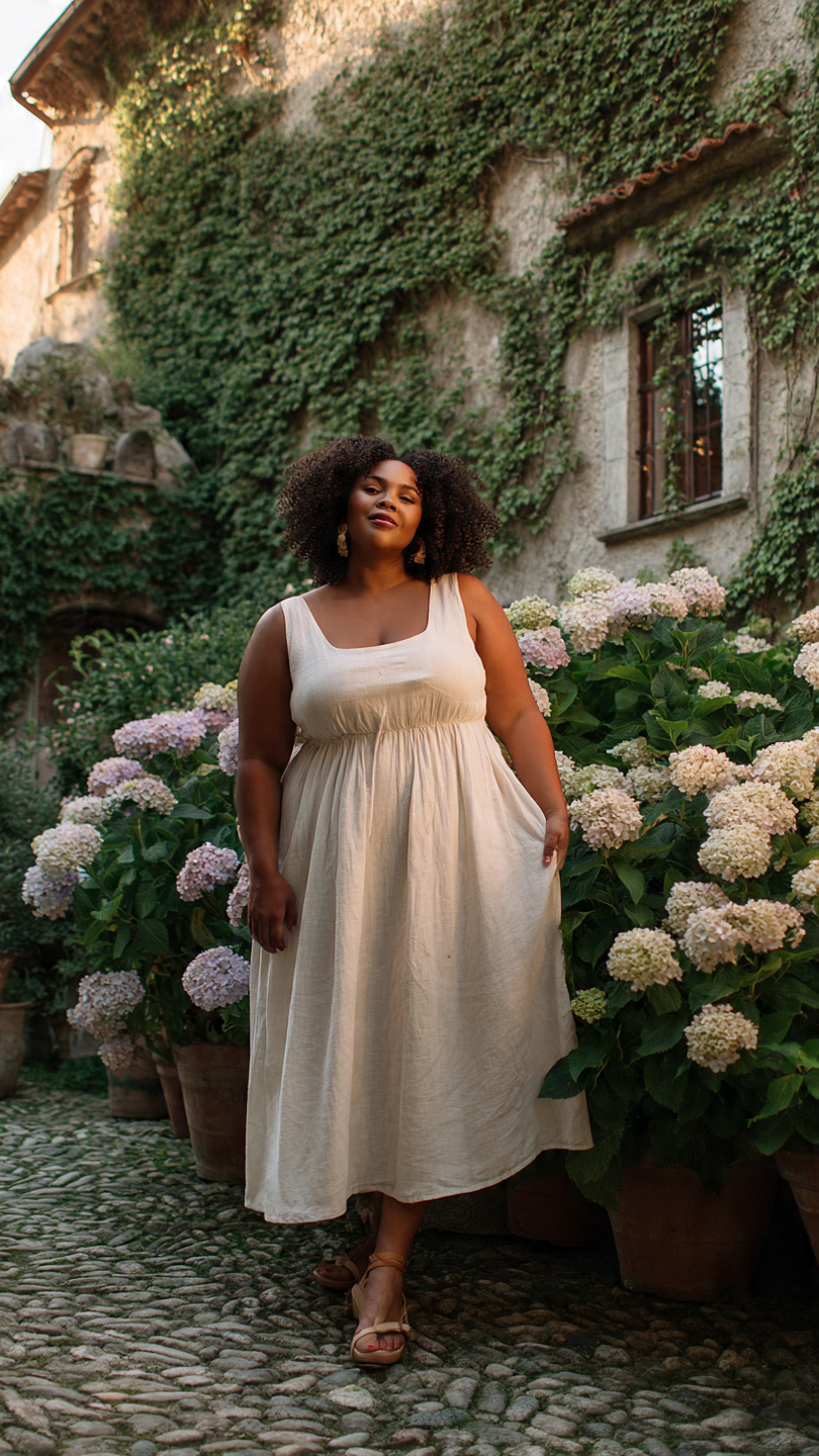 Outfit Big Belly: 8 Flattering Styles Every Woman Needs 8 Woman in flowing cream sundress standing among hydrangea flowers