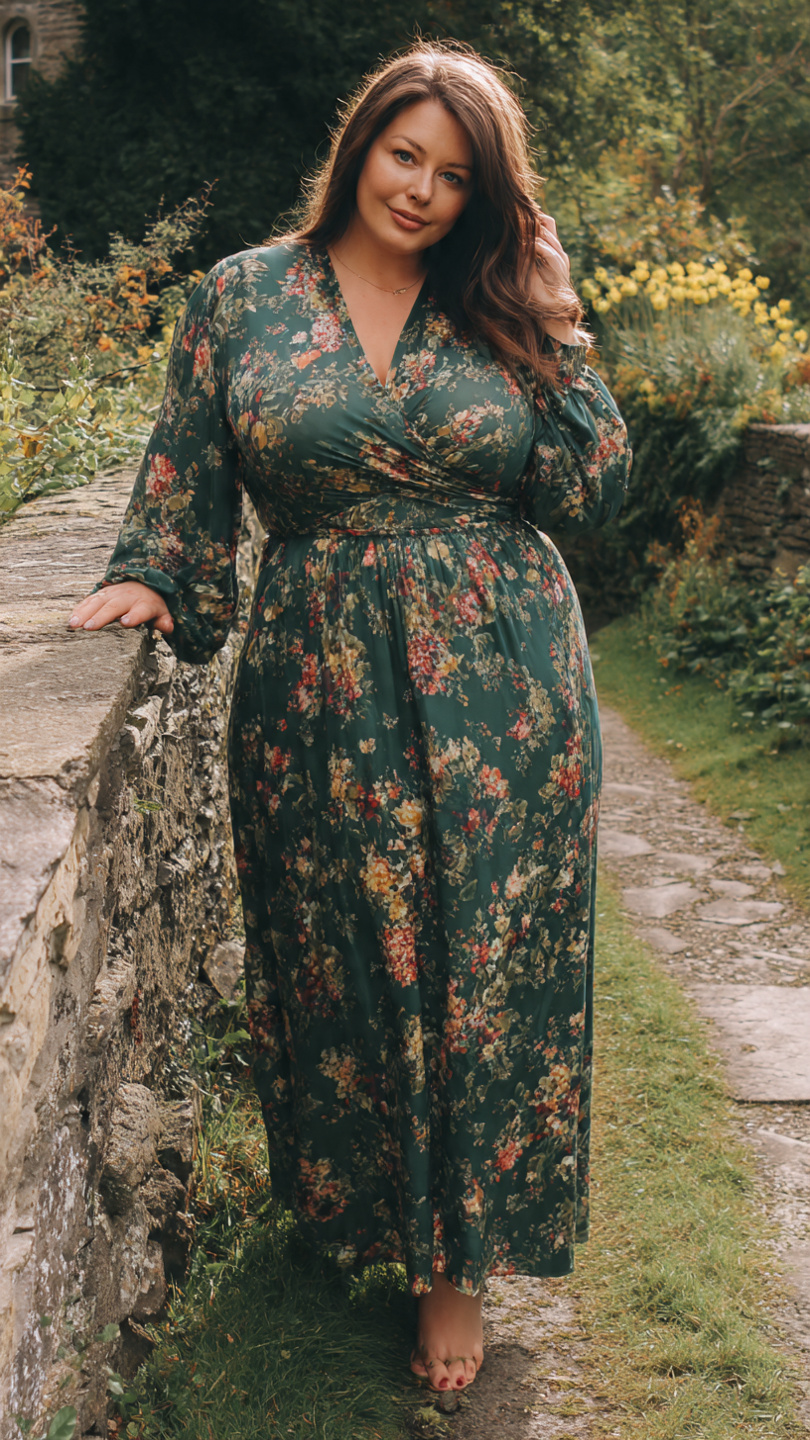 Outfit Big Belly: 8 Flattering Styles Every Woman Needs 7 Woman in floral wrap dress standing by stone wall in garden setting