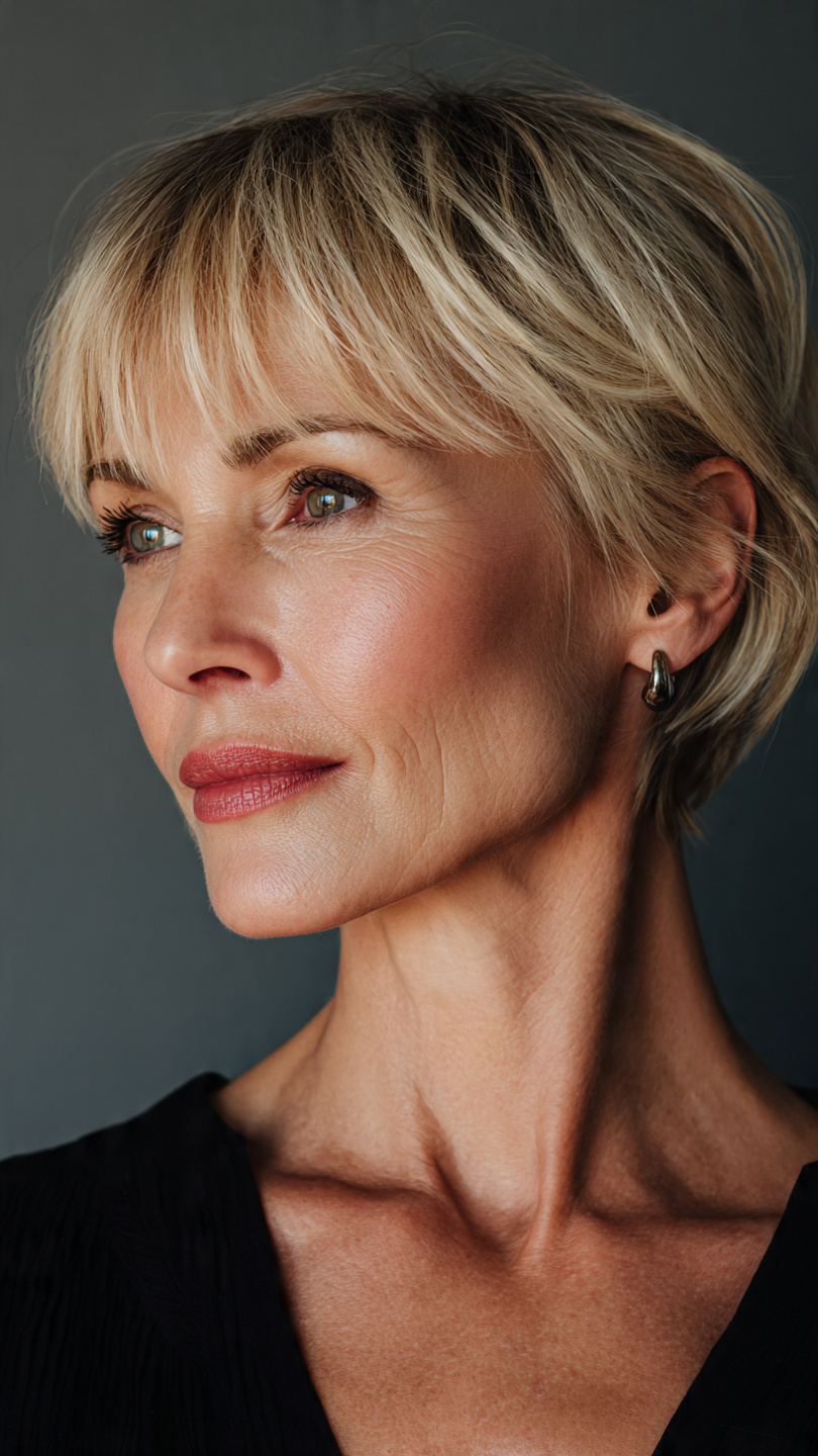 Chic Short Layered Haircuts With Bangs Over 50: 15 Stunning Styles 1 elegant woman over 50 with soft layered bob and side-swept bangs