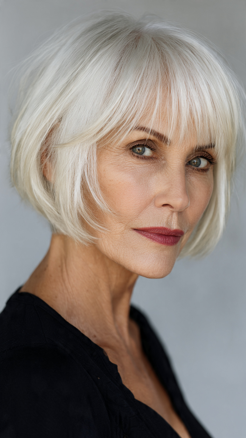 Chic Short Layered Haircuts With Bangs Over 50: 15 Stunning Styles 3 asymmetrical layered cut with bold bangs for elegant women