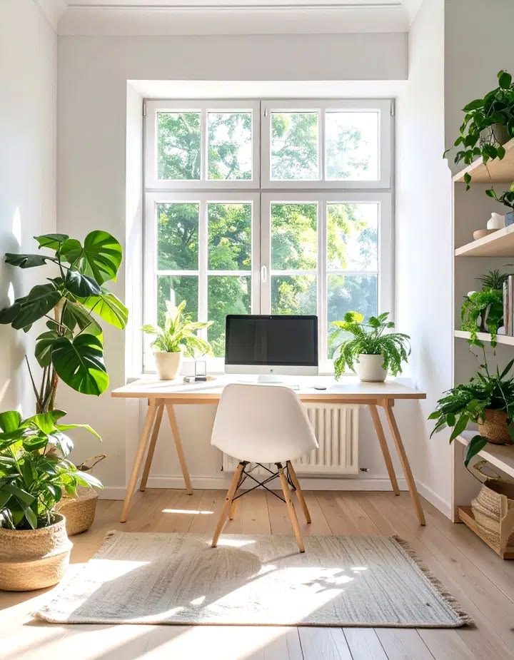 Minimal white desk with greenery and a laptop by a sunlit window